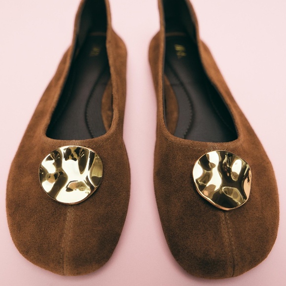 Zara chocolate brown suede leather embellished ballet NWT - Picture 2 of 10